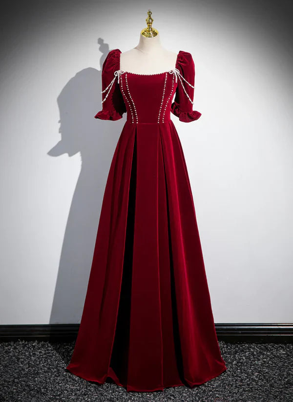 Luolandi Wine Red Velvet Pearl Short Sleeves Long Prom Dress A-line Evening Dress Elegant
